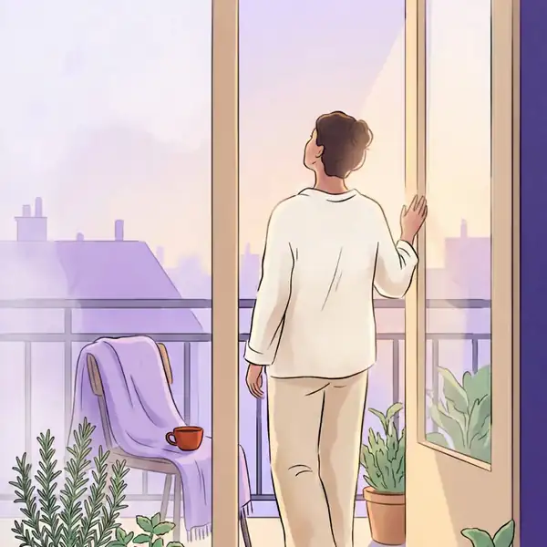 Calm morning on a sunlit balcony · sunrise, coffee, plants