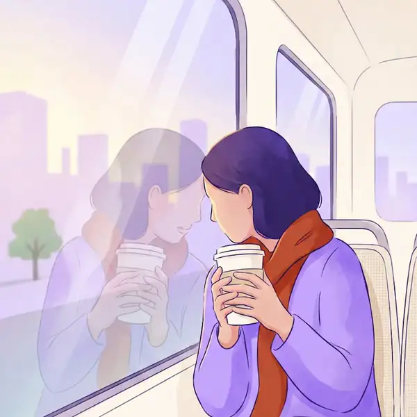 Quiet tram ride at dawn · a mug in hand, looking out the window